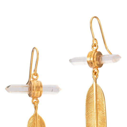 PENDIENTE PLUMA Y CUARZO ANILLA